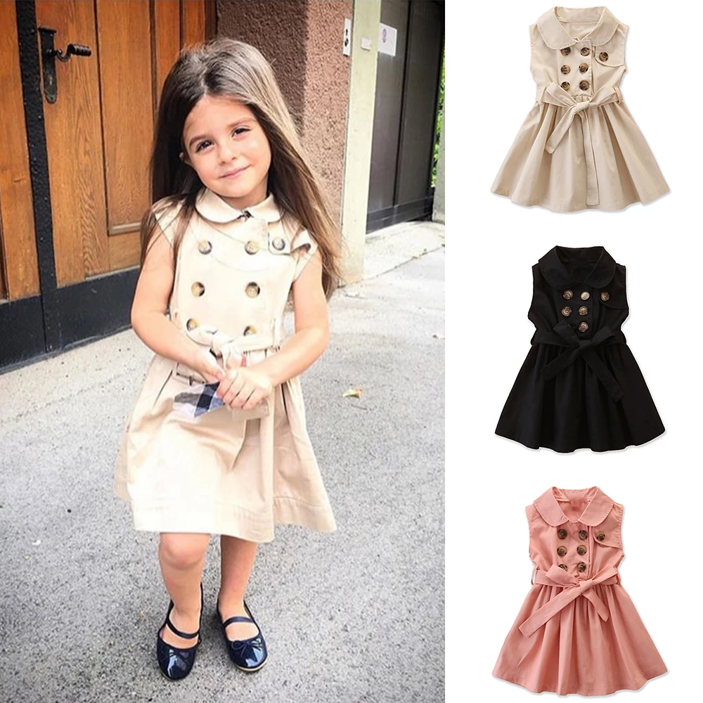 LOOZYKIT Girls Dress England Style Fashion Sleeveless Double-Breasted Kids Princess Children Dresses Clothes 3-7Year | Детская одежда и