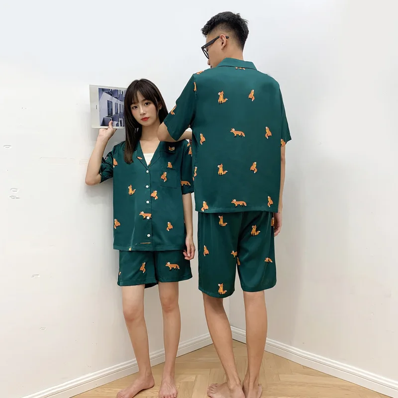 

New Summer Couple Pajamas Short-sleeved Shorts Fox Print Comfortable Silky Stretch Sleepwear Sets Satin Thin Home Service Suit