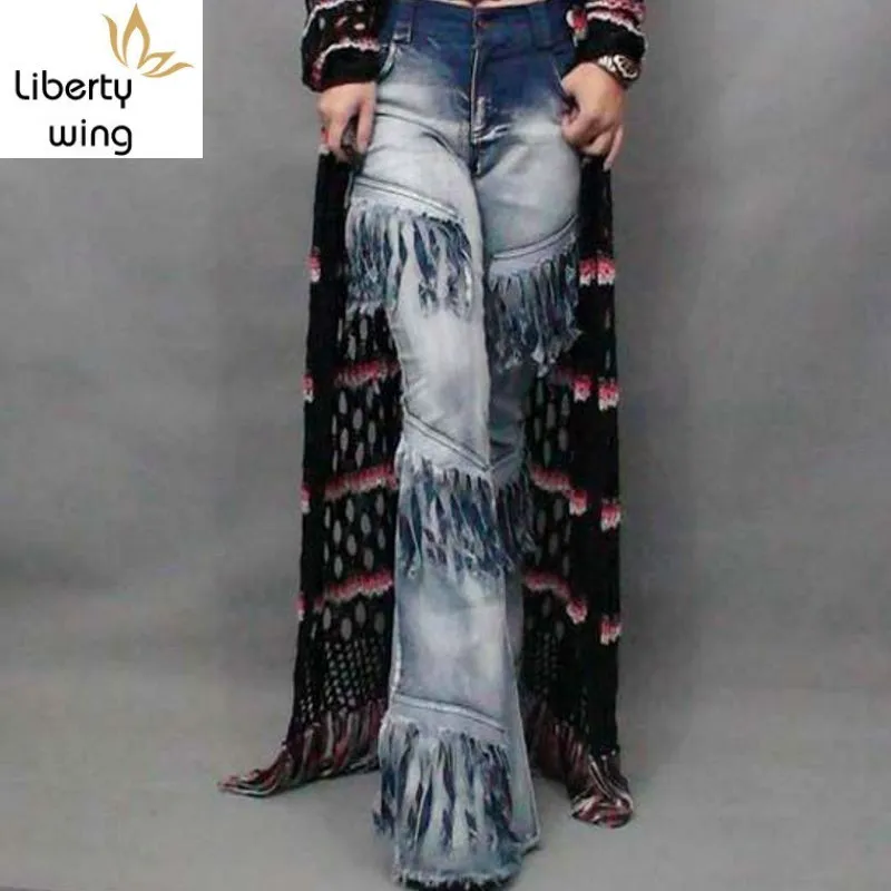 2020 New Fashion Sexy Women's Vintage Chic Bell Bottoms Denim Female Wide Flared Jeans Lace Up Tassel Ladies Long Pants Stretchy