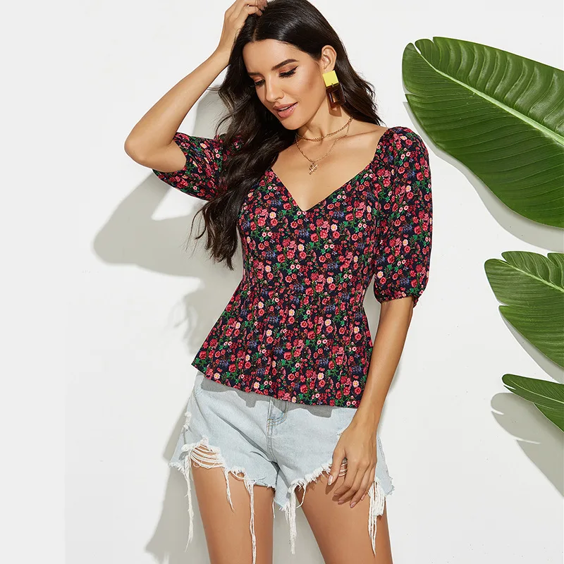 

Summer 2021 Red Floral Print Woman Tshirts Feminina Loose Waist Graphic Tee Vintage Backless Folds Short Sleeve Shirts for Women