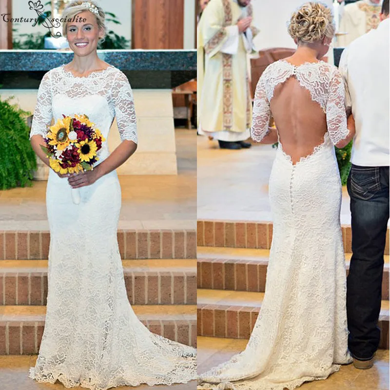 

Mermaid Wedding Dresses Lace Backless 3/4 Long Sleeves Sweep Train Simple Bridal Gowns Bride Dresses Vestido De Noiva
