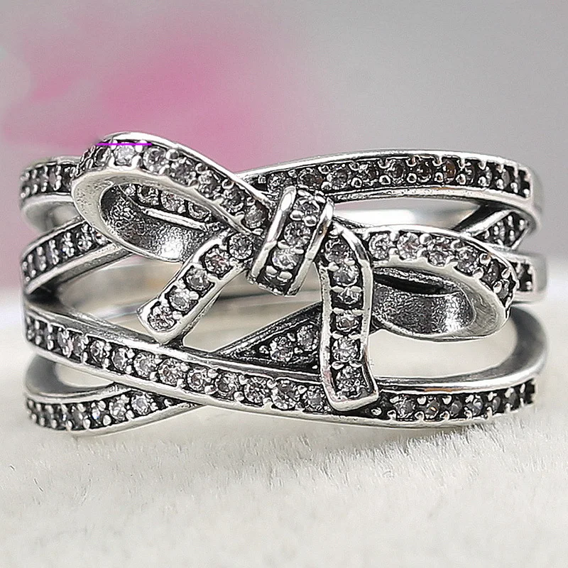 

Original 925 Sterling Silver Pan Ring Fashion Gorgeous Cross Bow Ring For Women Wedding Party Fashion Jewelry