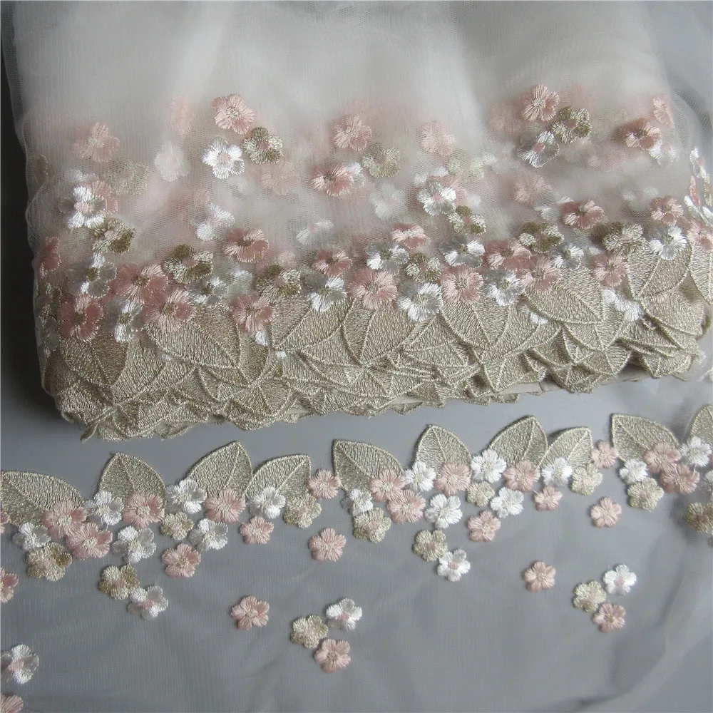 1 ярд Золотой лист розовый цветок сетка вышитая кружевная отделка лента ткань