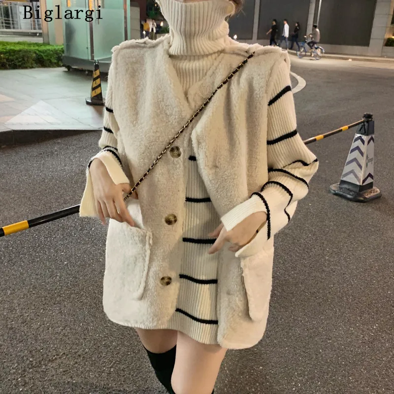 

Autumn Winter Two 2 Piece Set Women Turtleneck Striped Sweater Women Lamb Wool Vest Women Fake Fur Vest Chalecos Para Mujer