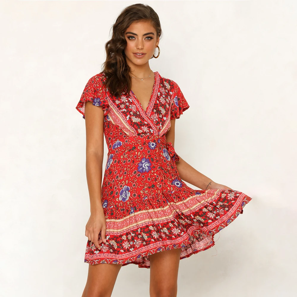 

FridayIn Women's Summer 2021 Bohemian V-neck Flower Floral Printing Slim Sexy Red and Light Green Party Beach Midi Short Dress