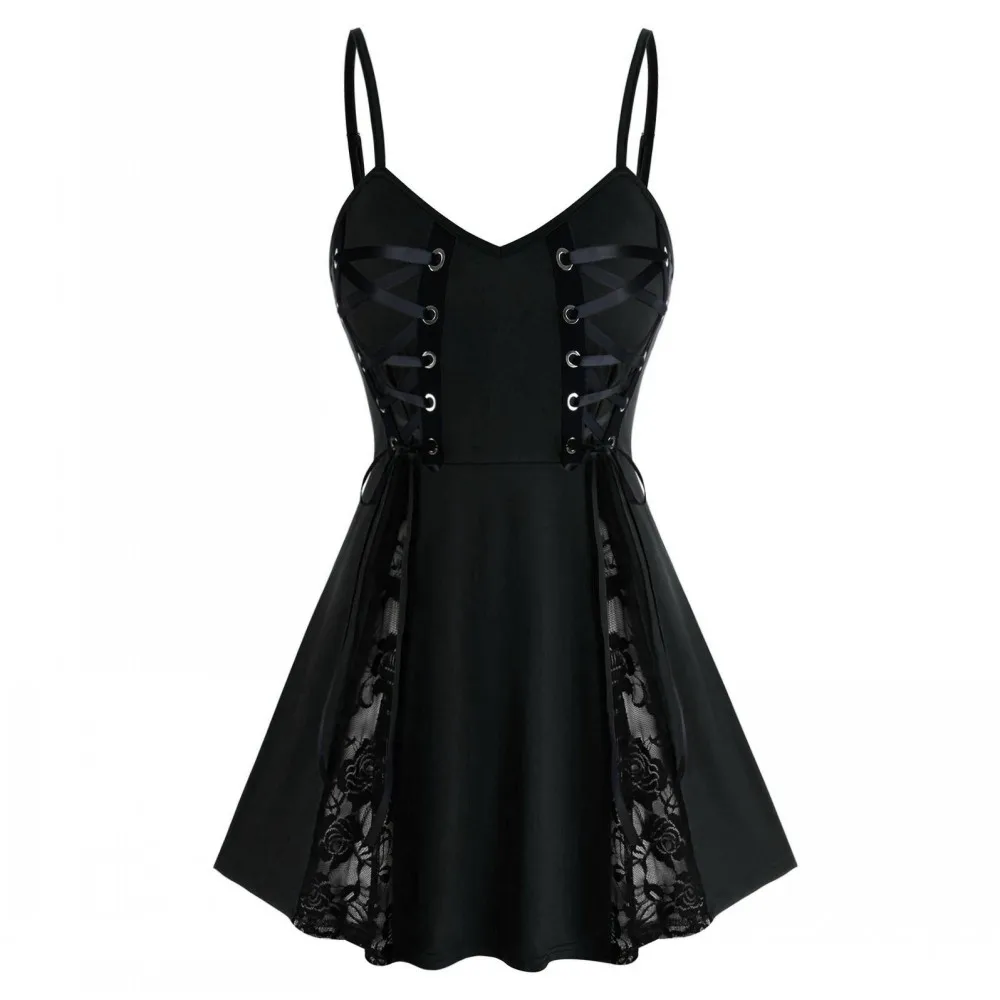 

Suspender Skirt Summer New Fashion Women's Sexy Backless V-neck Gothic Punk Print Lace Stitching Belt Elegant Urban Casual Dress
