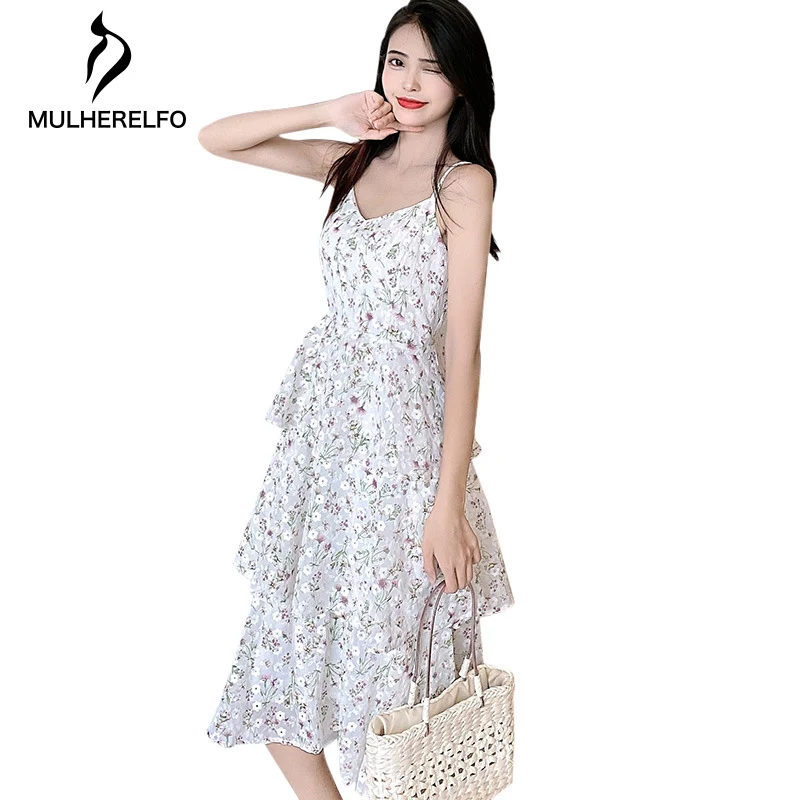 

Spaghetti Strap V-Neck Women Layered Dress Floral Printing Harajuku Tiered Dress Sexy Summer Invisible Zipper Female Dresses