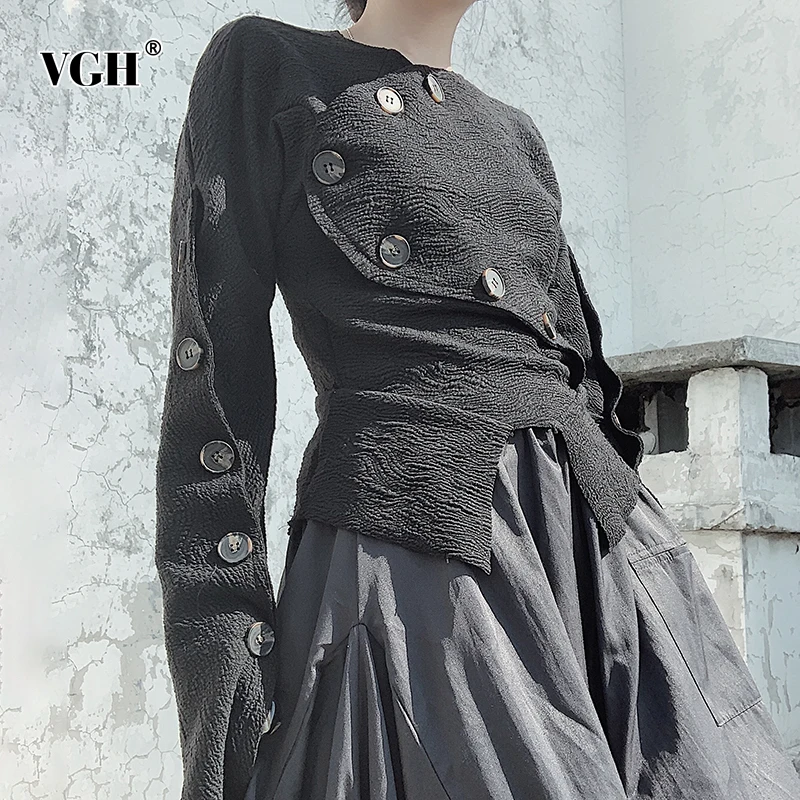 

VGH Black Casual Sweater Female Round Neck Long Sleeve Irregular Hem Solid Korean Fashion Slim Cardigan For Women 2021 Style New