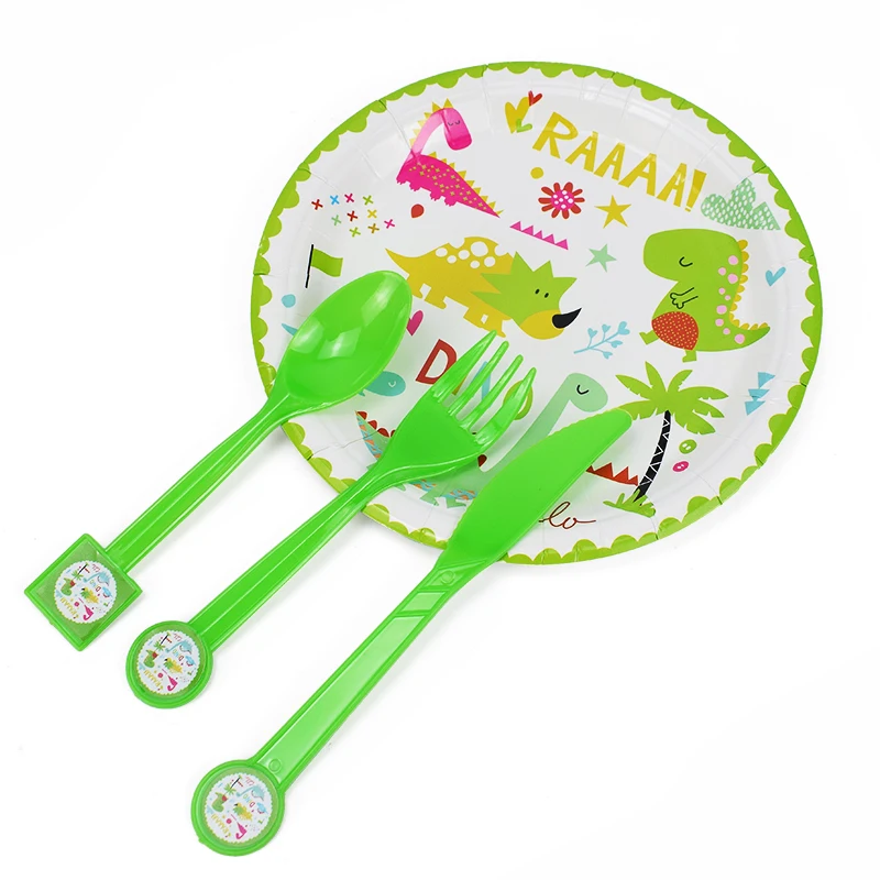 Зеленые джунгли динозавр партия Скатерть тарелка салфетки баннер торт Топпер с