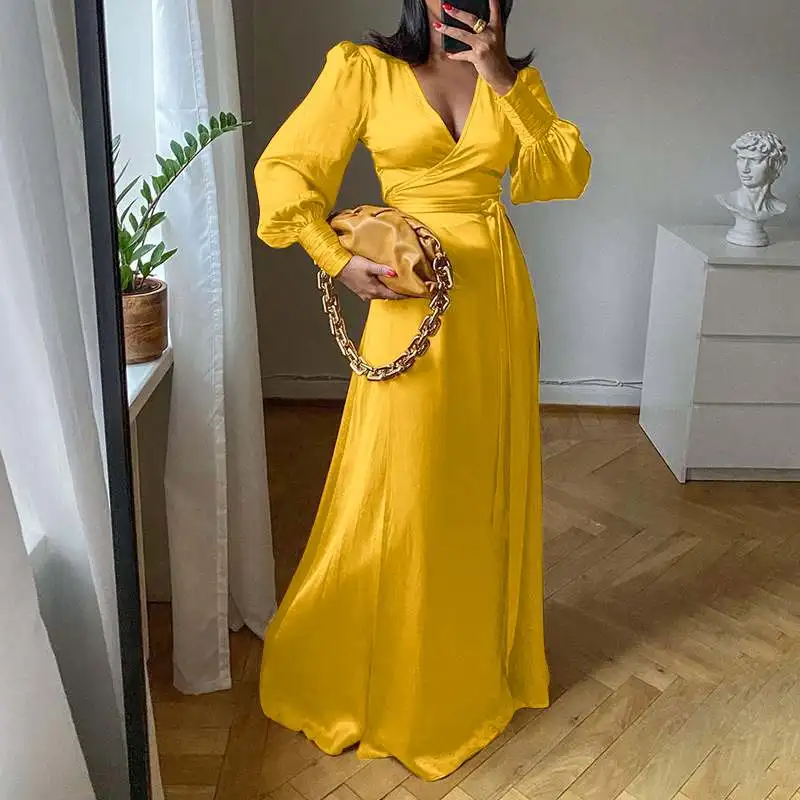 Женское вечернее Плиссированное длинное платье VONDA с V-образным вырезом Осеннее