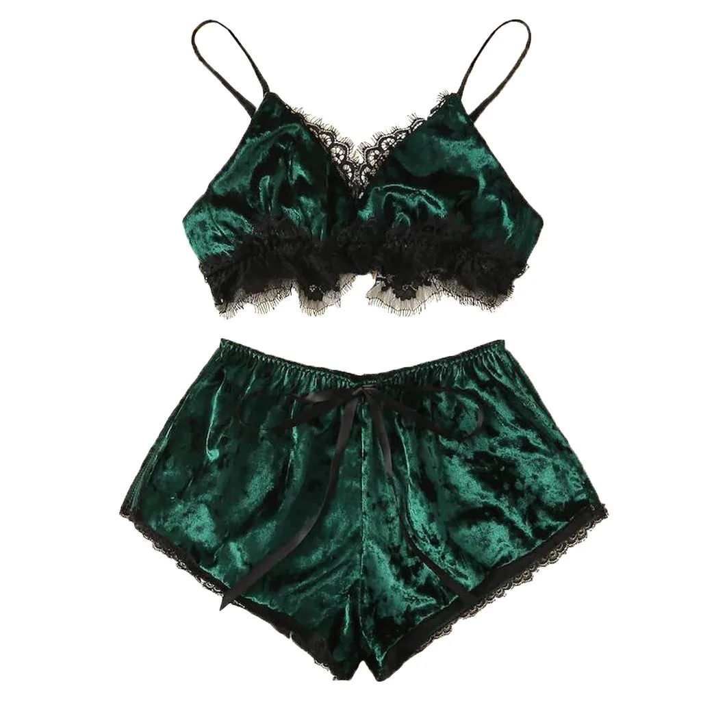 Женские привлекательные пижамные комплекты зеленая бархатная майка кружевной