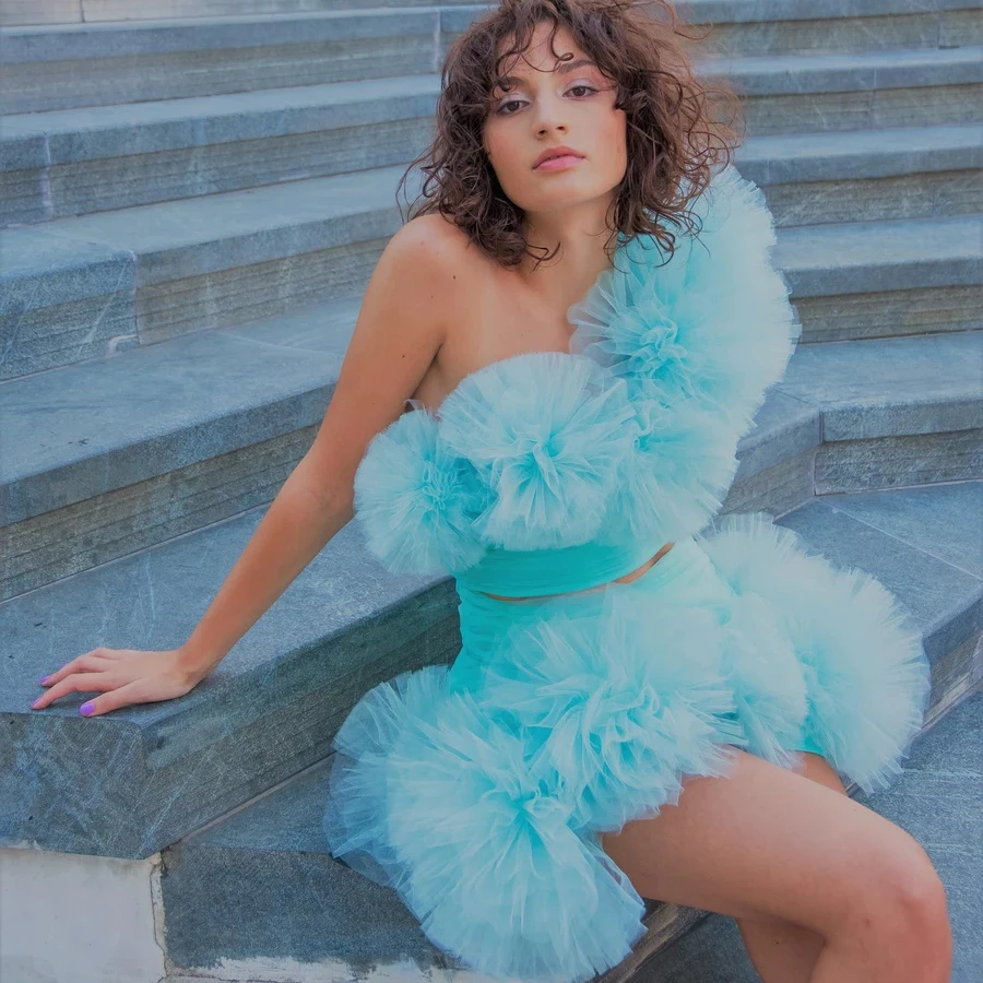 

Two Piece Short Party Dress Light Blue One Shoulder Mini Sleeveless Tight Homecoming Pageant Wear