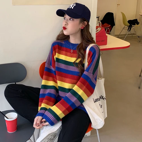 Красочные полосатые повседневные с длинным рукавом Базовые обычные модные хит