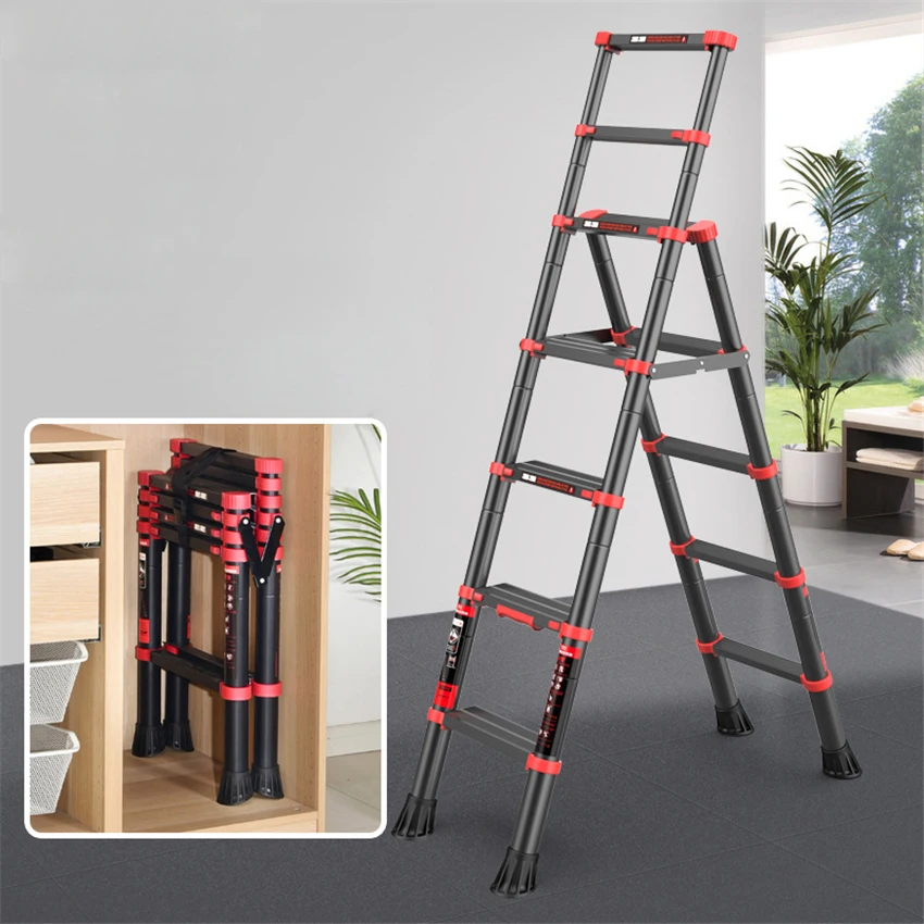 E002 Household Folding Telescopic Ladder Household Lifting Folding Ladder Portable Aluminum Herringbone Ladder With Handrail