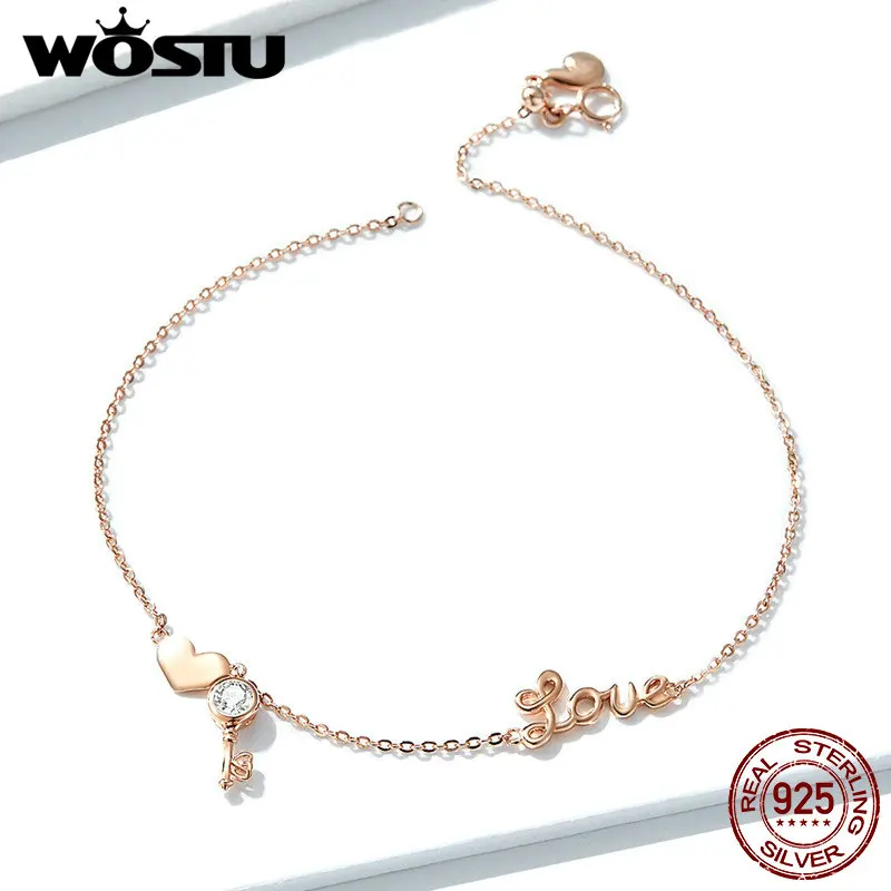 WOSTU 100% Настоящее серебро 925 пробы сердечко ножной браслет классический розовый