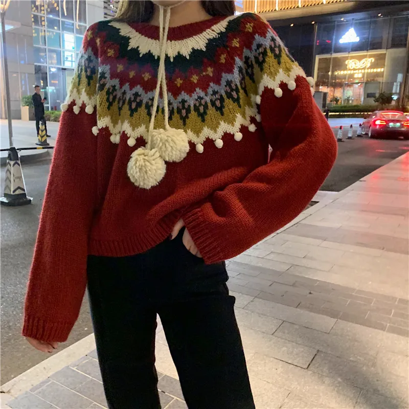 

Autumn Winter vintage Christmas pullovers sweater women Red O-Neck long sleeve knitting sweater female top