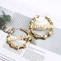 custom charm big round earrings personalized name bling bamboo large hanging hoop earring stainless steel bijoux jewelry women