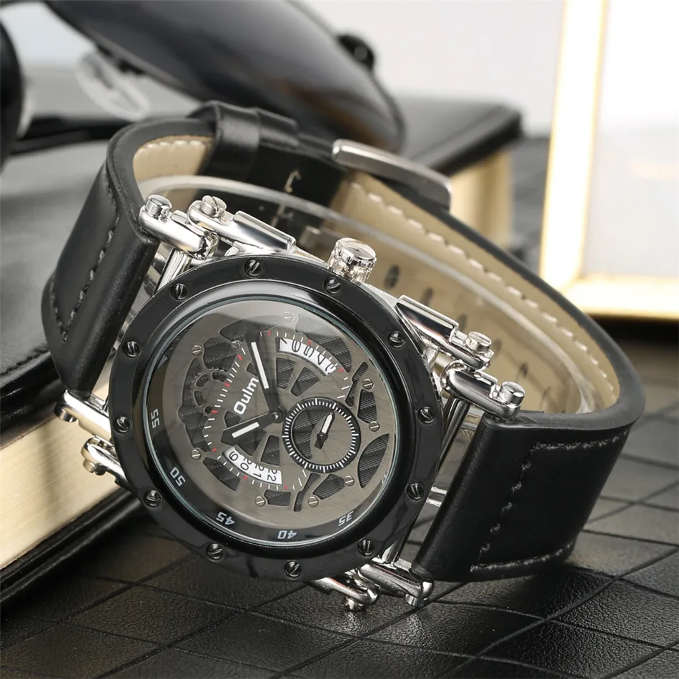 

Oulm Brand Stainless Steel Men Watches Calendar Display Genuine Leather Mens Watch Quartz Movement Stylish Cool Man Wristwatches