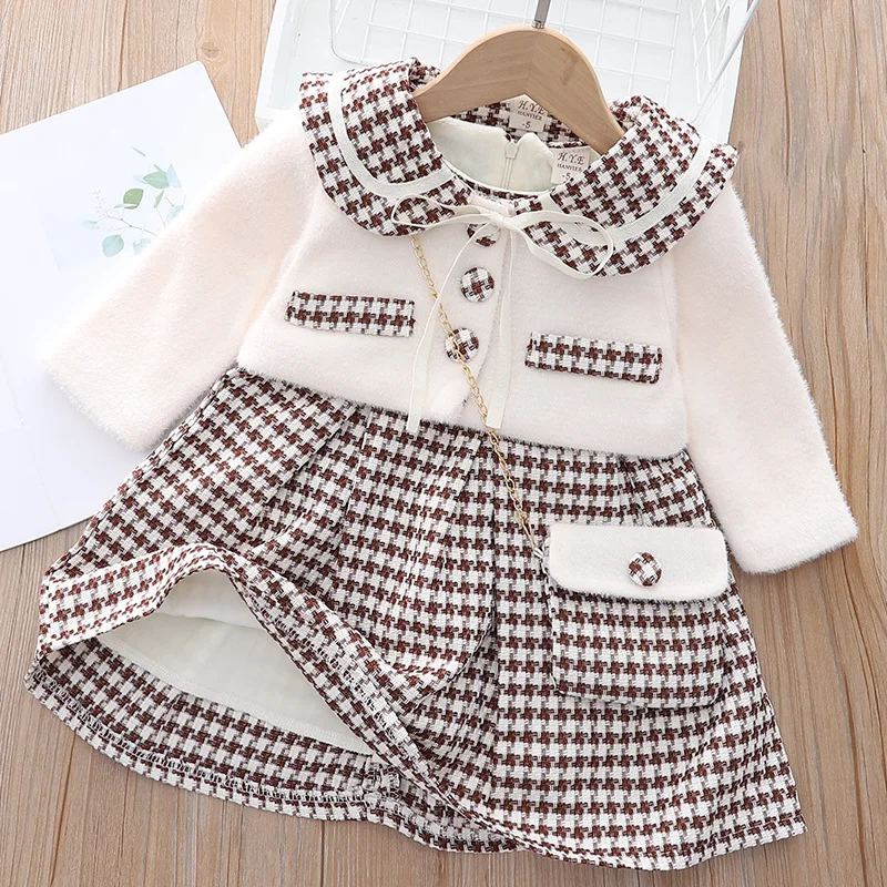 

Girls Korean Clothes Girl Winter New Fashion Plus Velvet Plaid Sweater Short Skirt Messenger Bag Three-piece Suit For 2-6 Y Kids