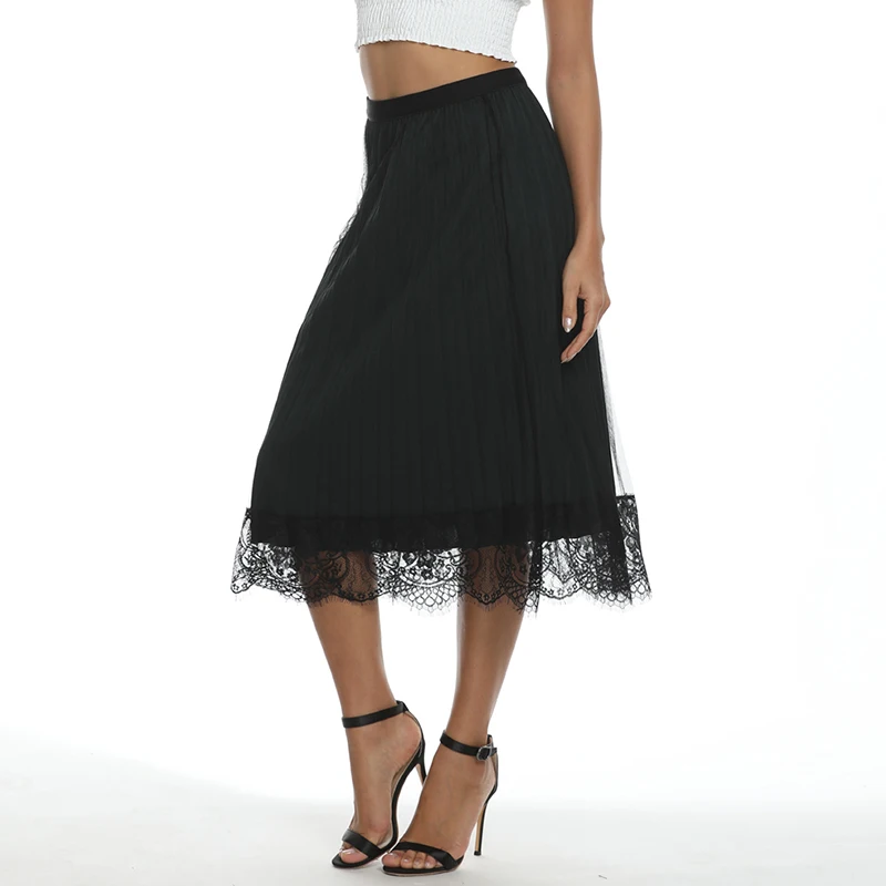 New Lace Women Pencil Skirts Big Size Elastic Waist Elegant Ladies Summer Sexy Black Pleated Maxi Skirt faldas mujer moda XXXL