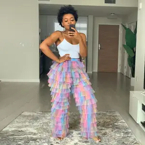 Женские длинные брюки, разноцветные штаны из тюля, на заказ, брюки с рюшами