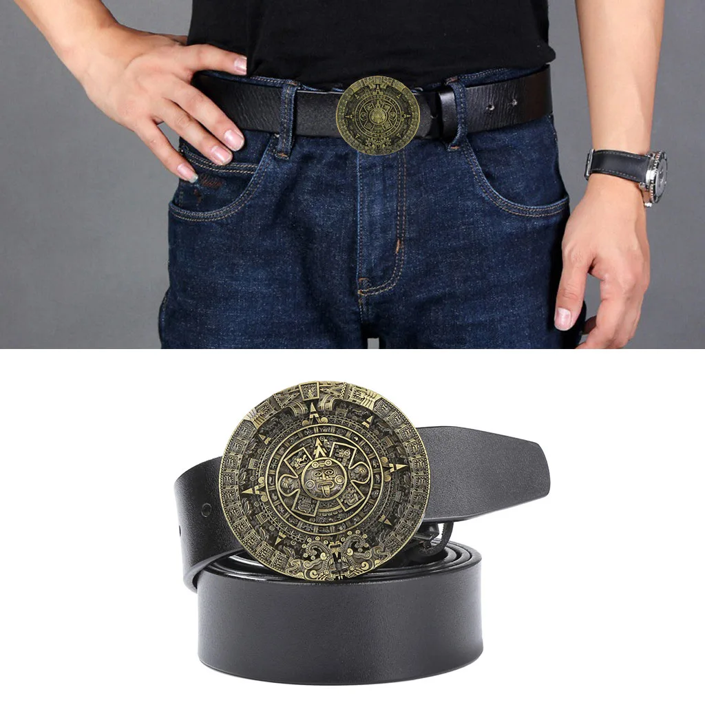 

Men Western Leather Belt Strap American Gothic Aztec Belt Buckle Jeans for Party Fashion Show Wedding