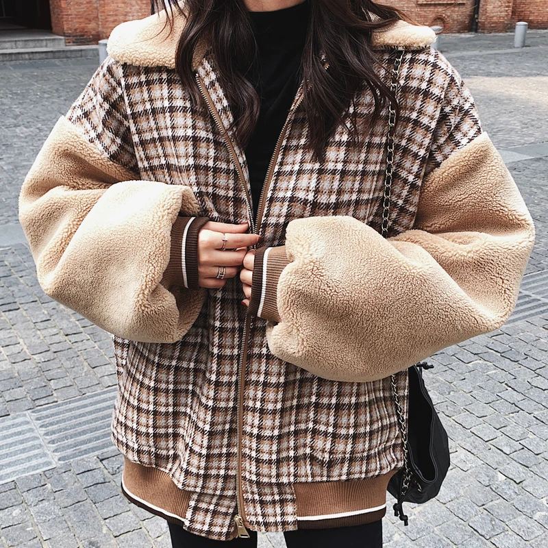 Lambswool Лоскутная утепленная куртка зимняя Осенняя Наплечная рукав с отворотом