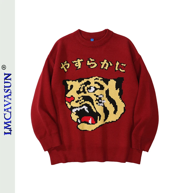 

LEIMEICHEN Men's retro tiger head jacquard loose sweater Cartoon Japanese O-Neck Pullover Women 2021 winter sweater AS- 6629