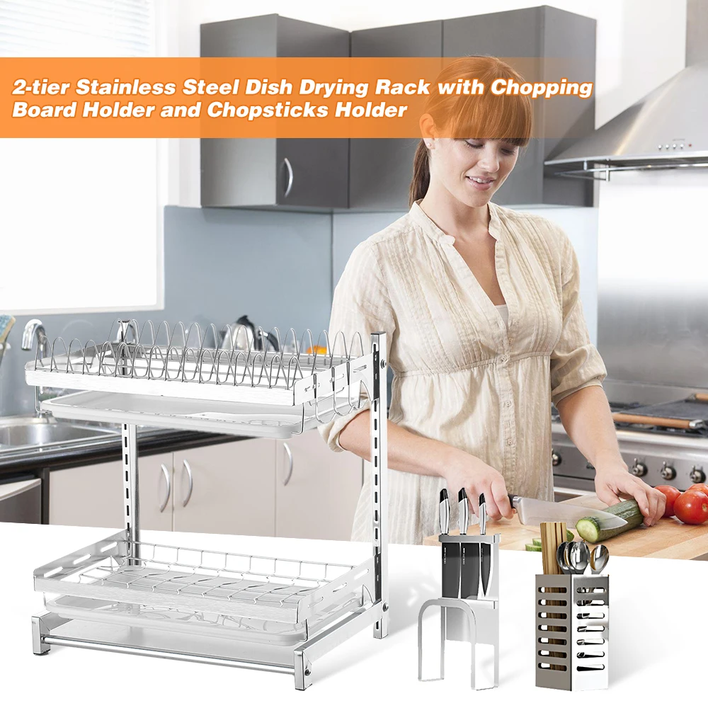 

Silver Multi-use 2-tier Stainless Steel Dish Drying Rack with Tray Chopping Board Chopsticks Holder Dish Shelf Sink Drying Rack