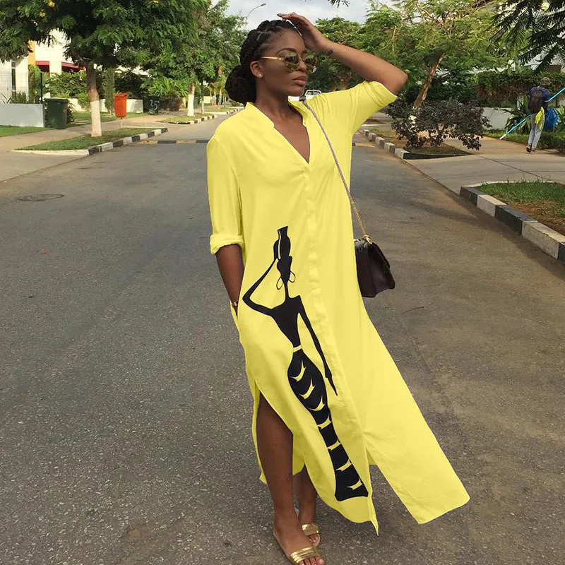 Женское платье-рубашка с длинным рукавом V-образным вырезом и карманами | Женская