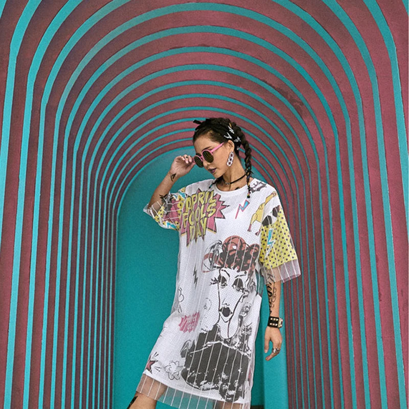 Женское летнее платье в стиле хип хоп Брендовое Сетчатое футболка большого