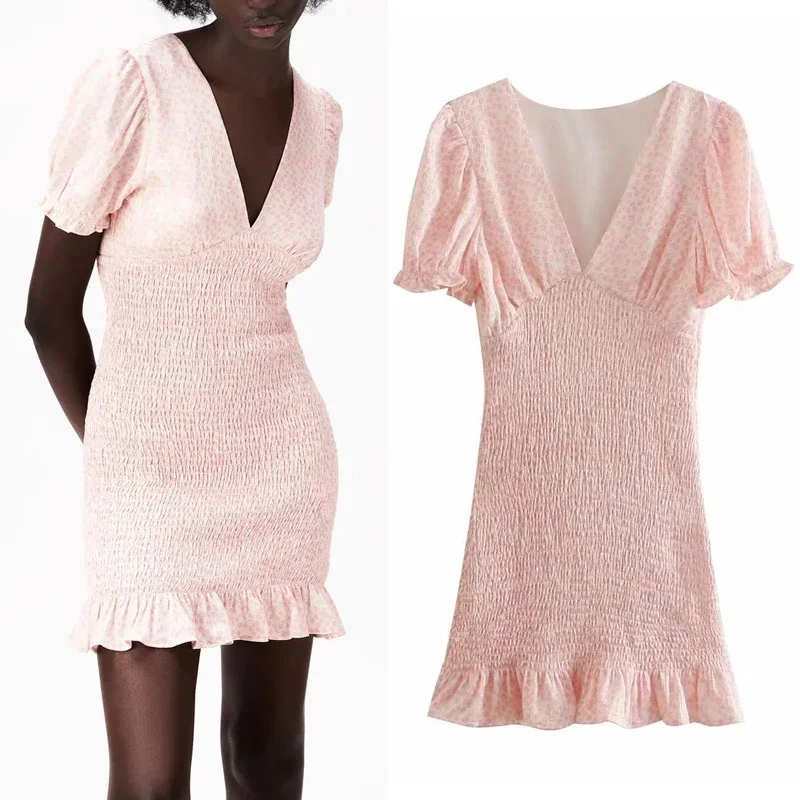 Женское короткое платье с рюшами Za розовое Цветочное коротким рукавом-фонариком