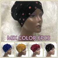 wholesale6pcsbag velvert turban headtie african women turban cap with big stones turban gele best selling turban free size cap
