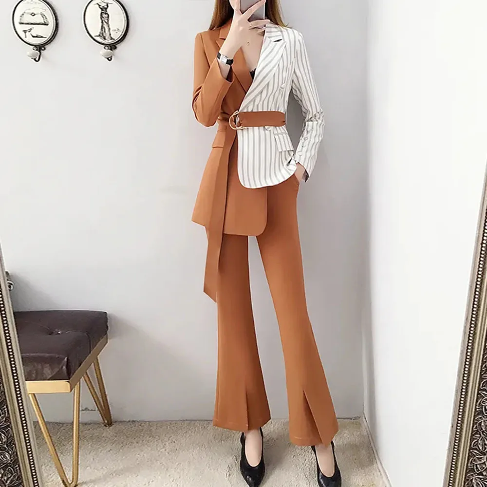 Autumn Spring Blazer Female 2022New Fashion Temperament Wide-leg Pants 2 Piece Office Lady Splicing Contrast Casual Elegant Suit