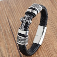 lamemdee 1pcs fashion stainless steel punk genuine leather man cross bracelet high quality magnetic clasp gift big discount