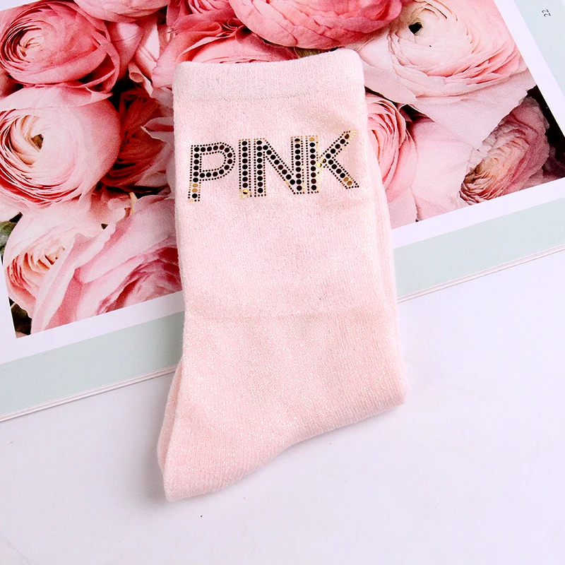 Fashion Women Lurex Glitter Socks Gold Sequins PINK Printed Letter Socks High Quality Casual Women Sexy Happy Socks