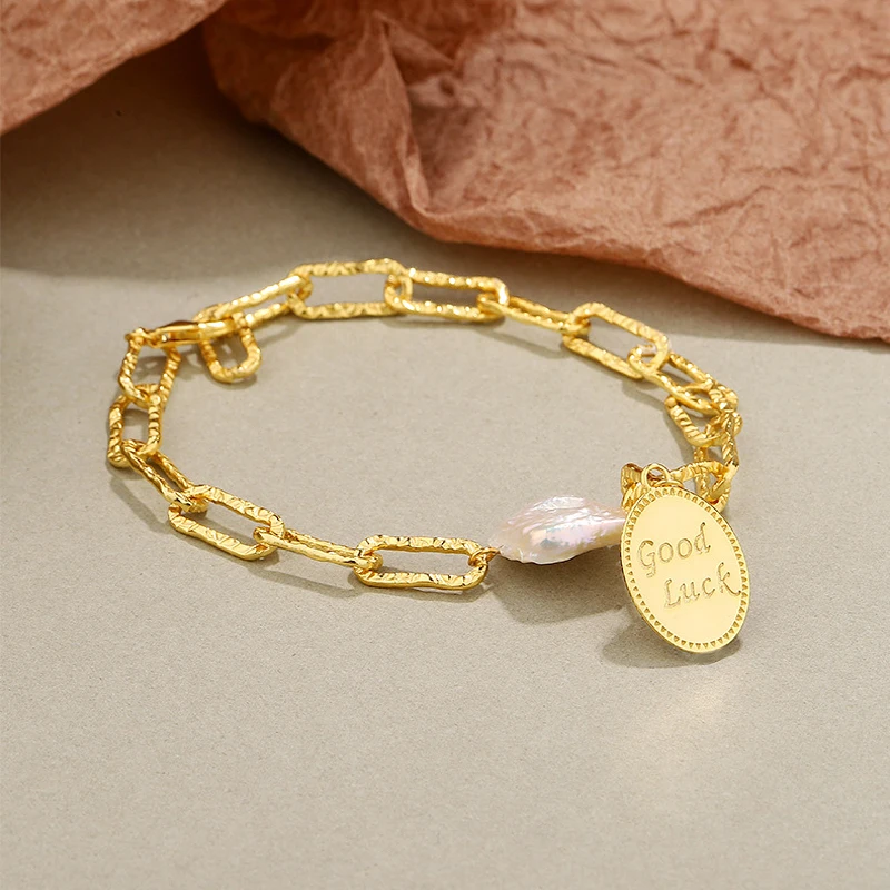 

Amaiyllis 925 Sterling Silver Light Luxury Vintage Brand Coin Bracelet Good Luck Baroque Pearl Bracelet Jewelry