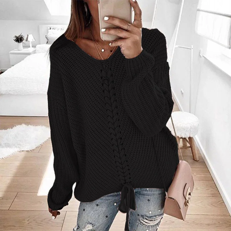 Black Lipswag 3XL повседневные свободные вязаные свитера на шнуровке женские осенне-зимние свитера с длинным рукавом и v-образным вырезом Топы однотонный пуловер Femme - Цвет: Black