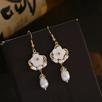 white flower earrings for women hanfu pearl shell chinese style earring vintage fashionable dangle ear rings unusual personality