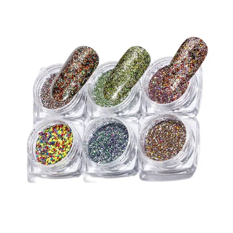 

6 Boxes/Set Nail Flakes Powder Ultra-thin Hexagon Chunky Holo Flakes Sequin Dust Nail Tips Art Glitter 9-Styles (MT21-29) Flakes