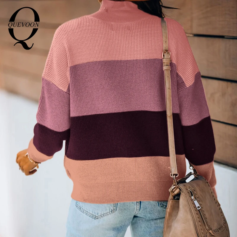 

QUEVOON Patchwork Striped Women Sweaters Knitting Turtleneck Streetwear Winter Autumn Casual Pullover Sweater New 2020 Fashion