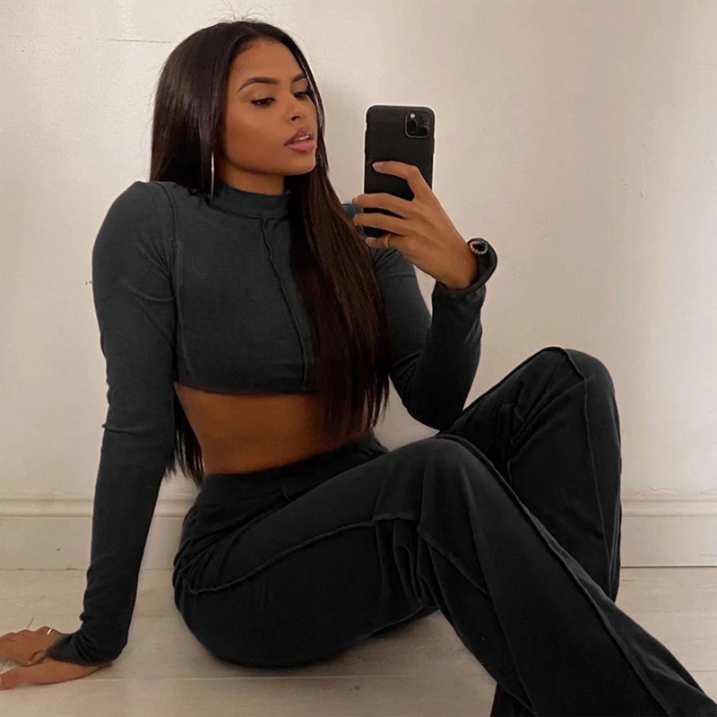 

Women Fashion Clothing Set Sexy Hollow Out Backless Crop Top High Waist Straight Pants Lady Spring Fall Casual Solid Knit Outfit