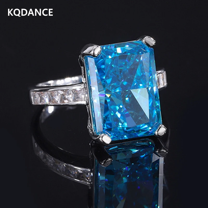 

KQDANCE 925 sterling silver Lake blue 10*14mm created citrine emerald Cut Diamond Rings with Large stones Jewelry 2021 Trend