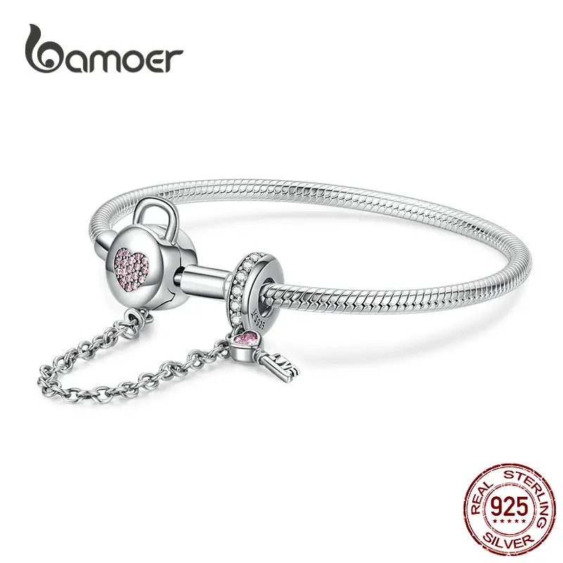 BAMOER Серебряный Змеиный браслет, 925 пробы, серебряный, розовый, CZ, замок в виде сердца и брелок для ключей, Браслет-Шарм для женщин, подарок SCB143