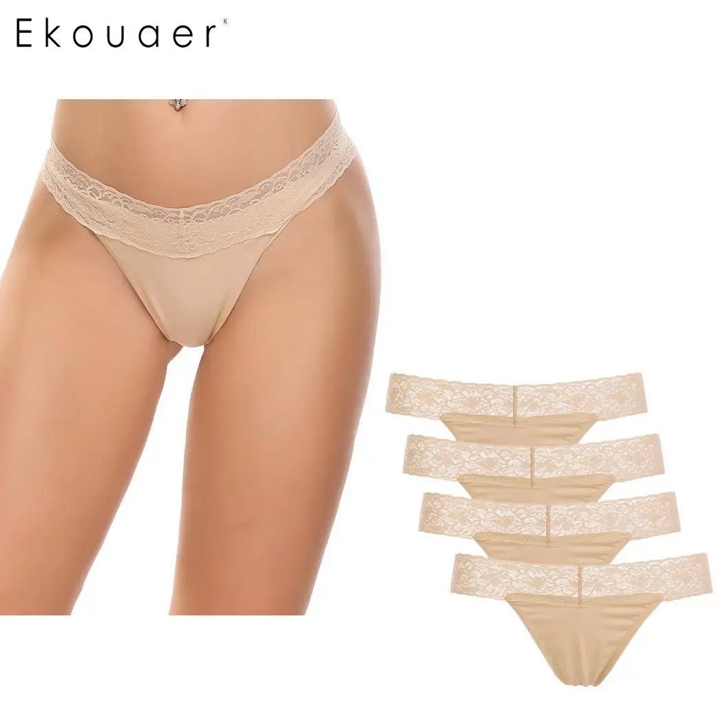 Ekouaer/4 шт., женское мягкое белье, трусики, комплект с кружевной отделкой, стринги, хлопковые трусы, нижнее белье, интимное бесшовное сексуальное нижнее белье s-xxl