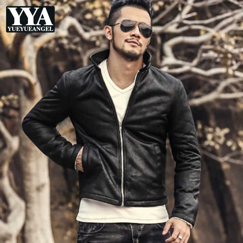 

Winter Faux Leather Jacket Men Fashion Stand Collar Thicken Warm Short Coat 2021 New Zipper Moto Biker Jacket Black Outerwear