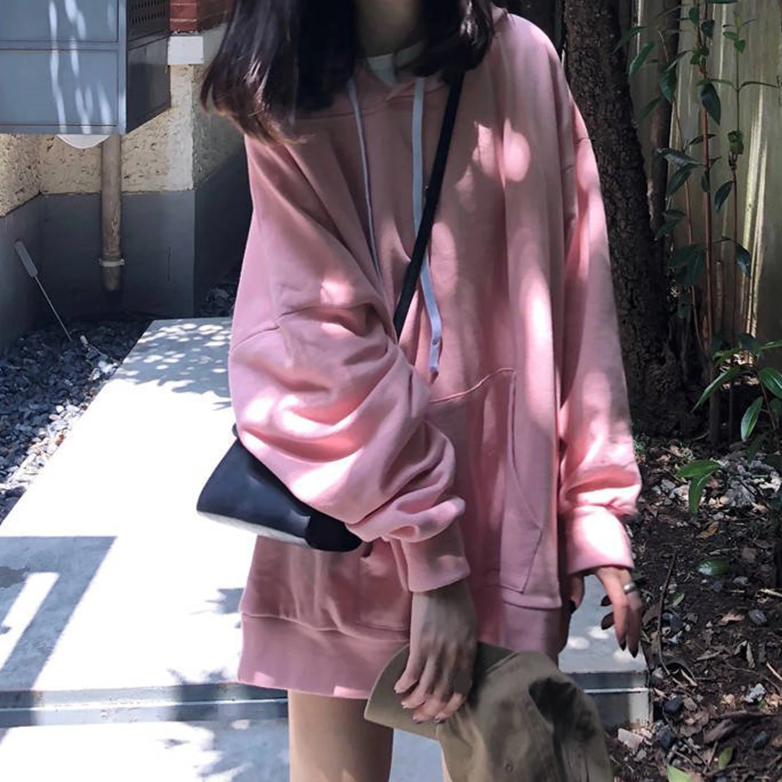 2020 Autumn Women Hoodies Pink White Mid-length Hoodie Pocket Casual Streetwear Long Sleeve Loose Drawstring  Hoodie Sweatshirt