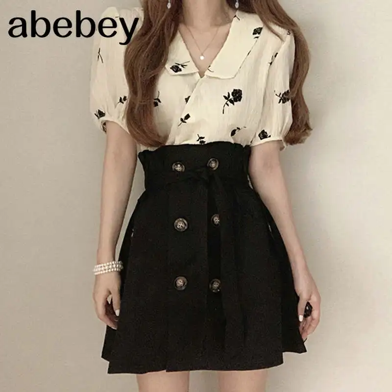 

New Summer Retro All-match turn-down collar puff Sleeve Shirt + high waist lace up short Skirt two-piece set 2021