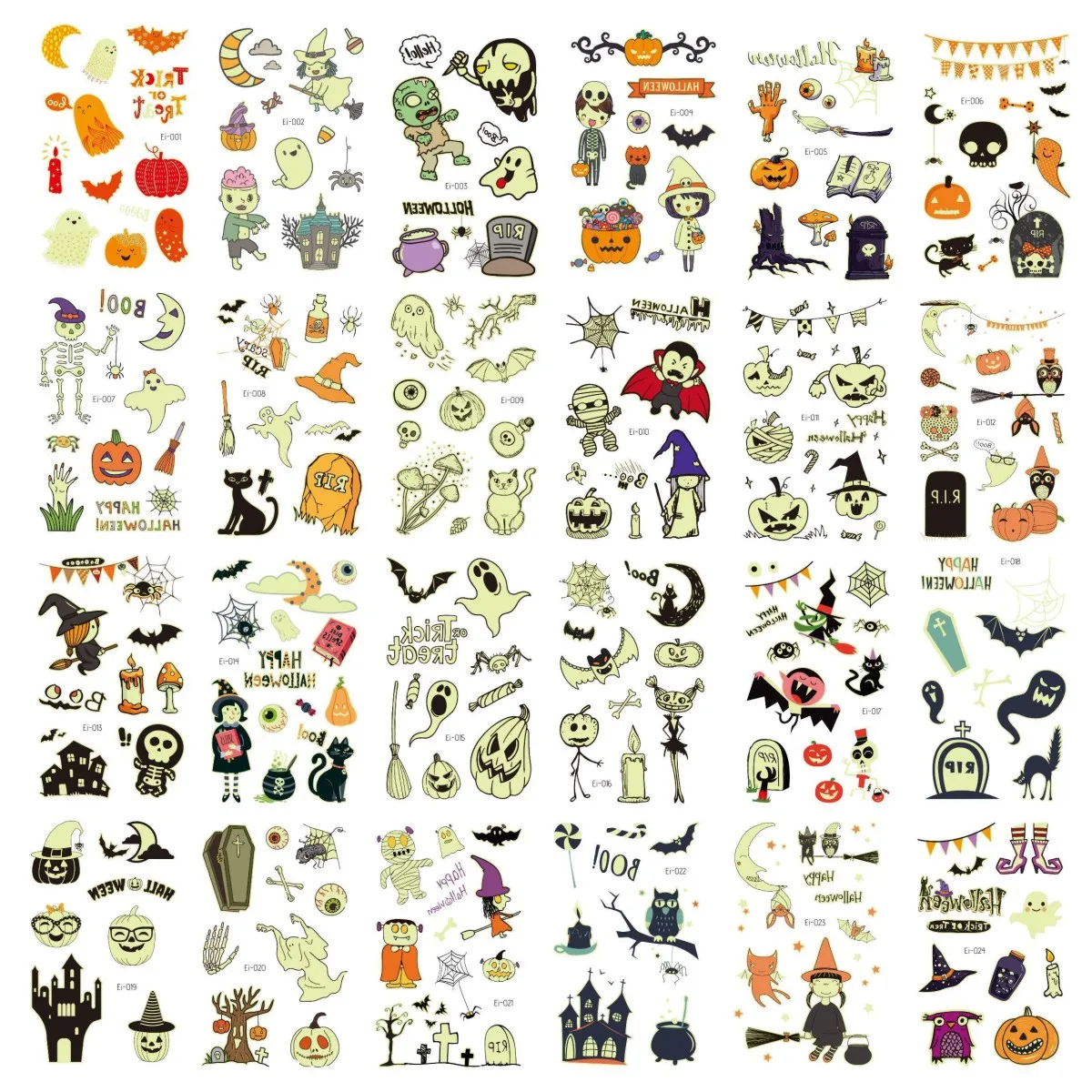 24pcs(Ei001-Ei024) 24 шт Горячие светящиеся дети мультфильм временная татуировка маленькие милые рождественские татуировки стикер светящиеся темные татуировки тело палец искусство тату - Цвет: 24pcs(Ei001-Ei024)