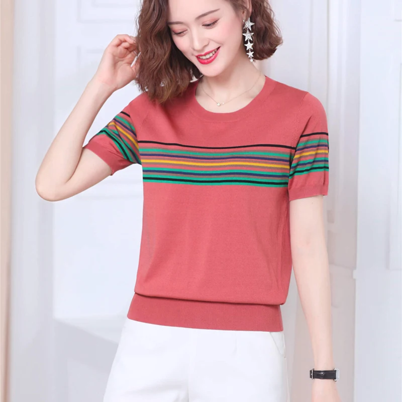 Женский трикотажный свитер в полоску тонкий пуловер с коротким рукавом и круглым